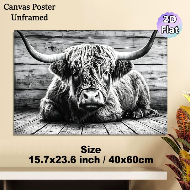Highland Cow Painting Poster, Monochrome Realistic Animal Portrait Poster, Detailed Textured Depiction Ideal For Farmhouse And Living Room Wall Decor_maomaolike.com