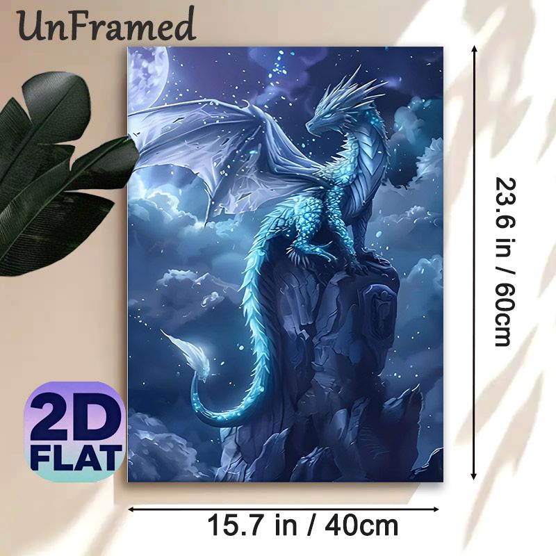 Moonlit Ice Dragon Painting Poster, Mystical Glowing Icy Dragon Perched On Rocky Peak Under Full Moon Poster, Captivating Fantasy Decor Ideal For_maomaolike.com