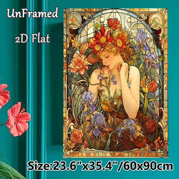 Art Nouveau Floral Maiden Painting Poster, Vibrant Stained-Glass Style Poster, Graceful Maiden Surrounded By Vivid Blooms, Elegant Decorative Artwork_maomaolike.com