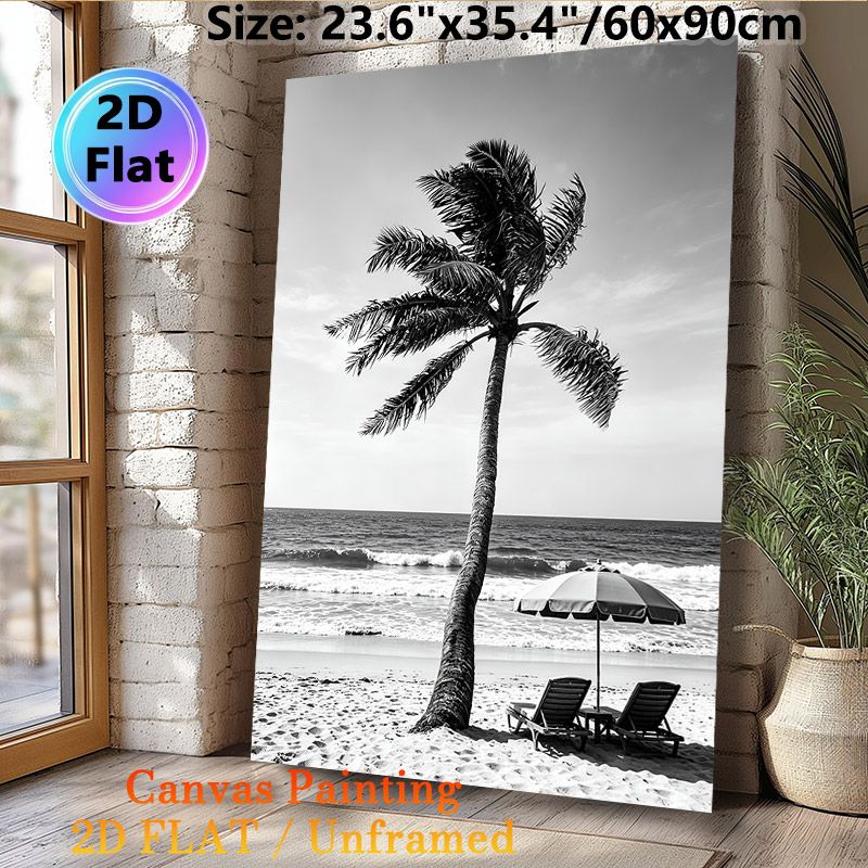 Beach & Palm Tree Painting Poster, Monochrome Minimalist Coastal Scene Poster, Serene Vacation-inspired Decor Ideal For Bedroom, Living Room And_maomaolike.com