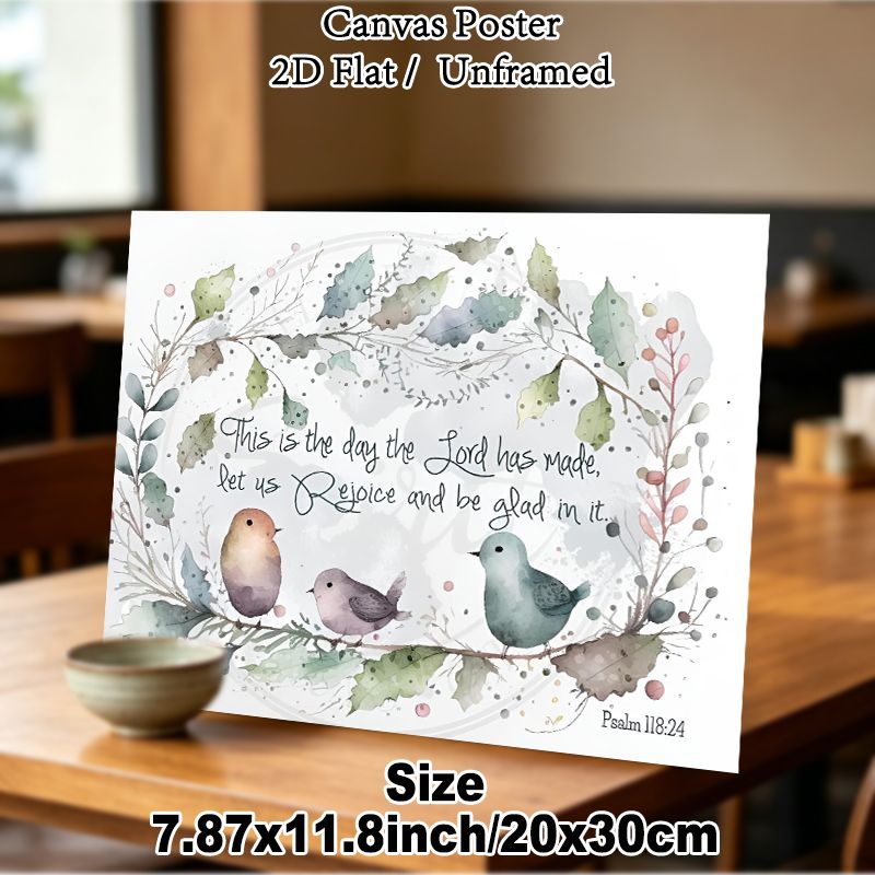 Bible Verse Psalm 118:24 Painting Poster, Soft Watercolor Delicate Foliage & Cute Birds Poster, Inspirational Religious Quote For Home, Living Room Or_maomaolike.com