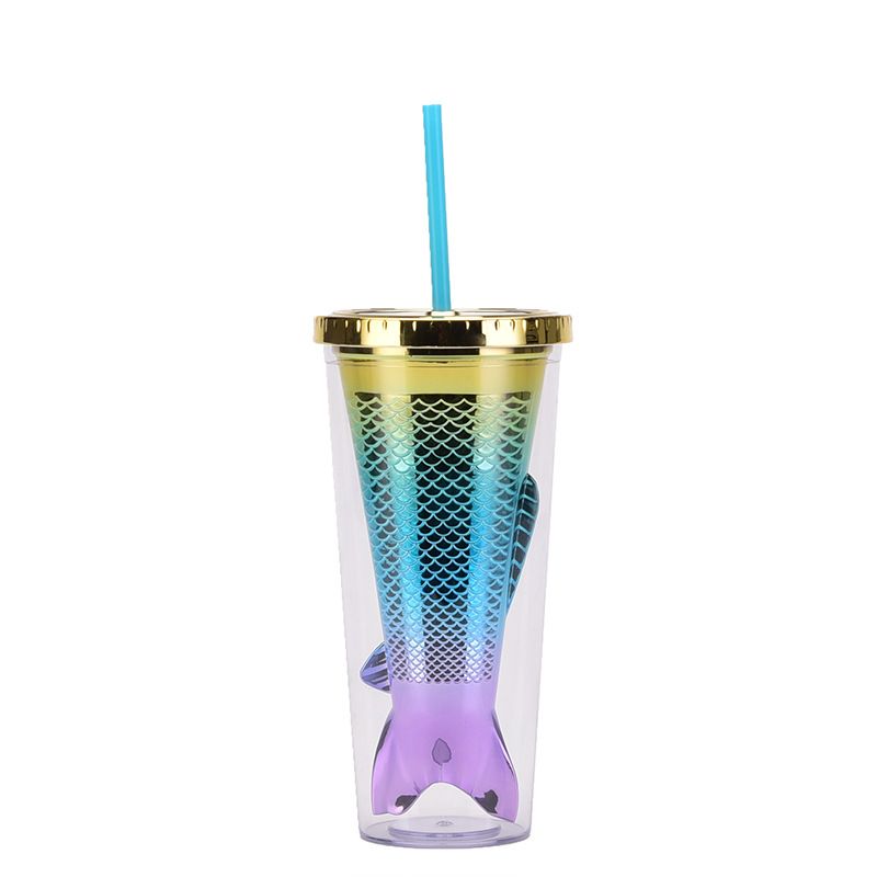 2024 new double layer plastic cup creative gradient mermaid tail straw cup value electroplating color sequin water cup_maomaolike.com