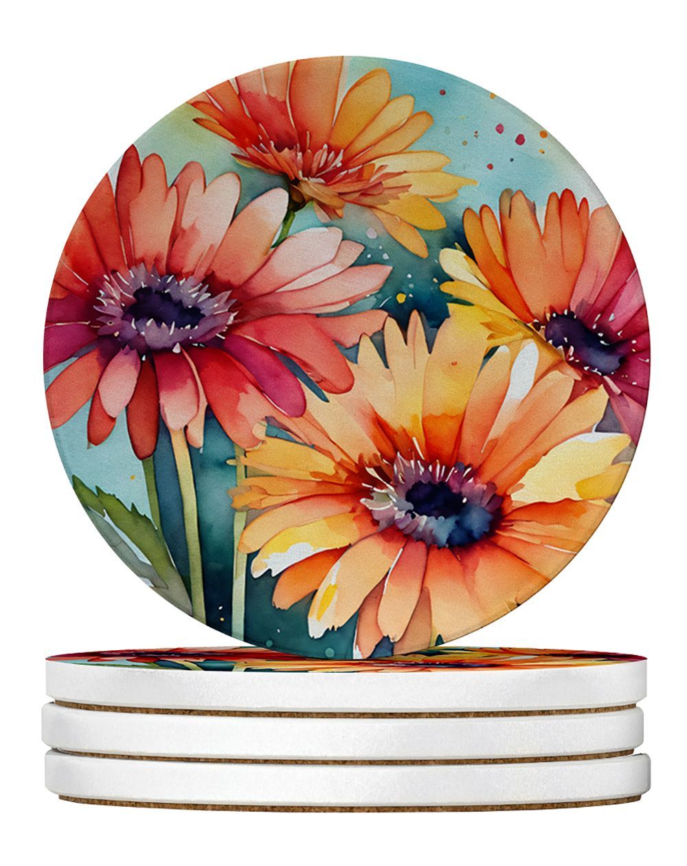 Gerbera Daisies In Watercolor Large Sandstone Coasters Pack Of 4 Absorbent Round Coasters Decor Gifts For Men Or Women, 4 In, Multicolor_maomaolike.com