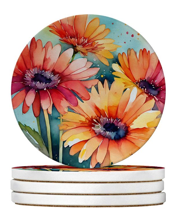Gerbera Daisies In Watercolor Large Sandstone Coasters Pack Of 4 Absorbent Round Coasters Decor Gifts For Men Or Women, 4 In, Multicolor_maomaolike.com