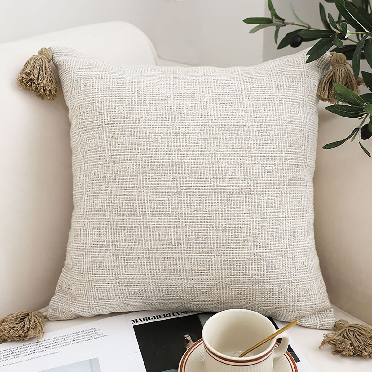 SOGA 50cm Beige Pillow Textured Throw Cover, Luxurious Rib Knit Ribbed Cotton Throw Pillow_maomaolike.com