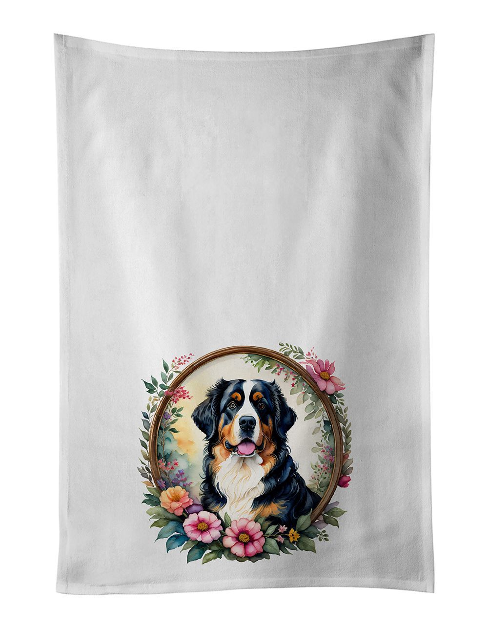 Bernese Mountain Dog And Flowers Kitchen Towel Set Of 2 White Dish Towels Decorative Bathroom Hand Towel For Hand, Face, Hair, Yoga, Tea, Dishcloth, 19 X 28", White_maomaolike.com