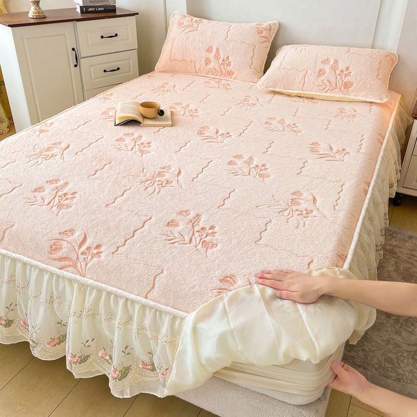 French Style Thickened Rabbit Fur Sheet Single Piece Winter With Skirt Milk Velvet Bed Cover Fleece Full Wrap Mattress Protector_maomaolike.com
