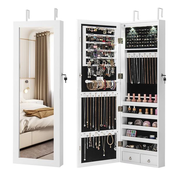 Lockable Wall Mount Mirrored Jewelry Cabinet With LED Lights_maomaolike.com
