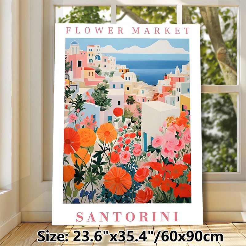 Santorini Flower Market Painting Poster, Vibrant Coastal Town With Lush Blooming Colorful Florals Poster, Delivers Fresh Warm Ambiance, Ideal For_maomaolike.com