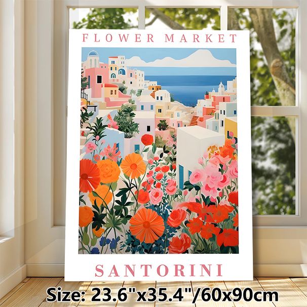 Santorini Flower Market Painting Poster, Vibrant Coastal Town With Lush Blooming Colorful Florals Poster, Delivers Fresh Warm Ambiance, Ideal For_maomaolike.com