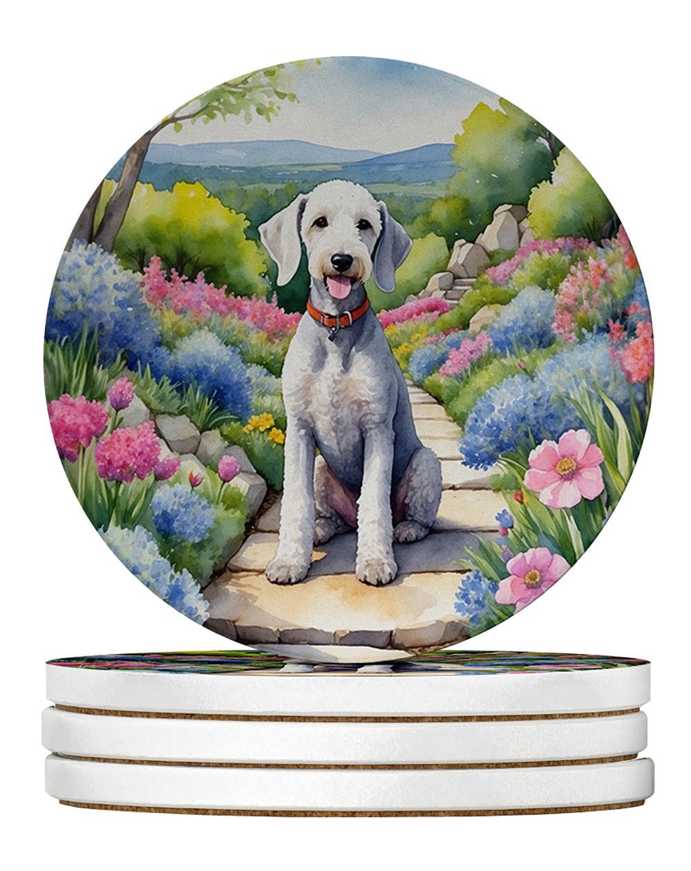 Bedlington Terrier Spring Garden Large Sandstone Coasters Pack Of 4 Absorbent Round Coasters Decor Gifts For Men Or Women, 4 In, Multicolor_maomaolike.com
