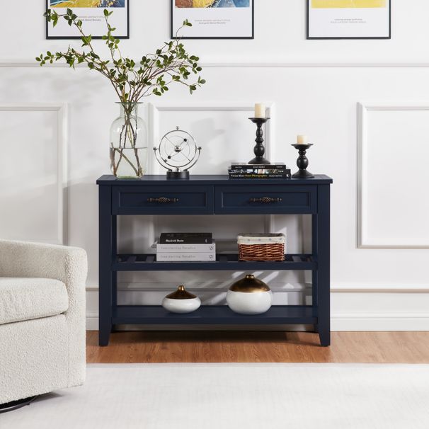 Retro Design Console Table With Two Open Shelves, Pine Solid Wood Frame And Legs For Living Room_maomaolike.com
