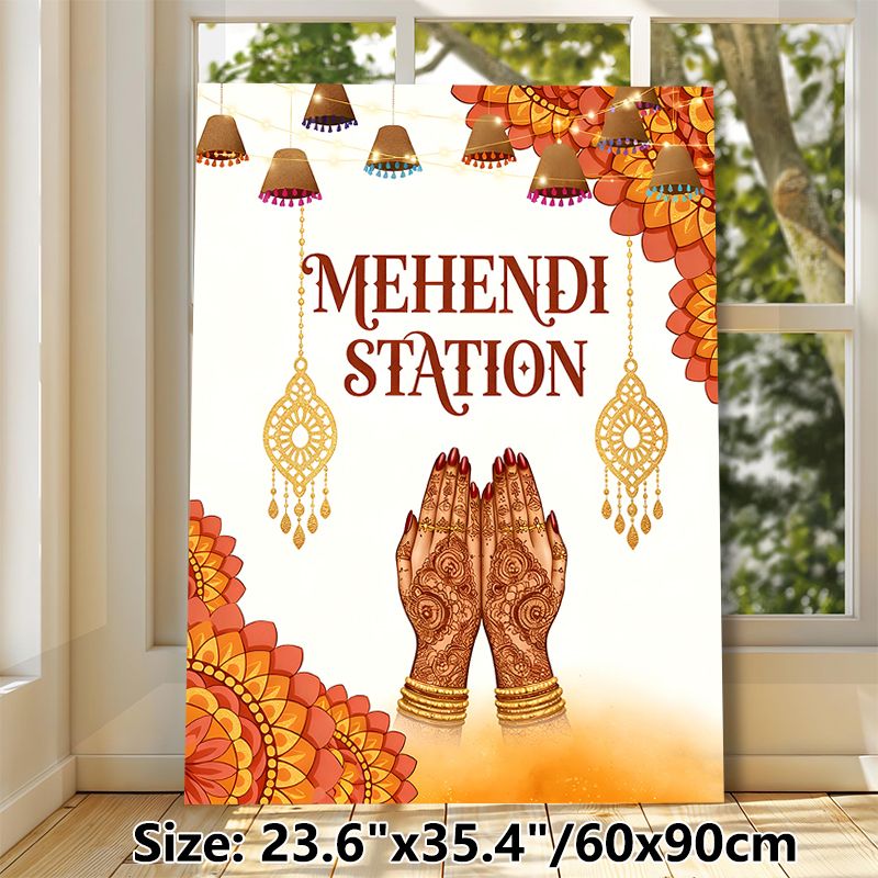 Mehendi Station Painting Poster, Exquisite Traditional Ethnic Style Poster, With Intricate Henna Hand Art & Festive Ornaments, Ideal For Wedding_maomaolike.com