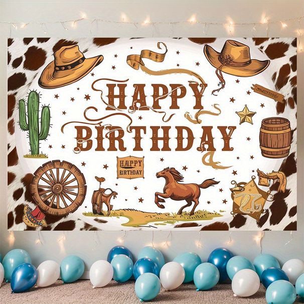 Western Cowboy Birthday Party Banner - 2D Flat Polyester Backdrop With Cacti, Horseshoes, Wall Hanging Photo Props, Party Decor_maomaolike.com