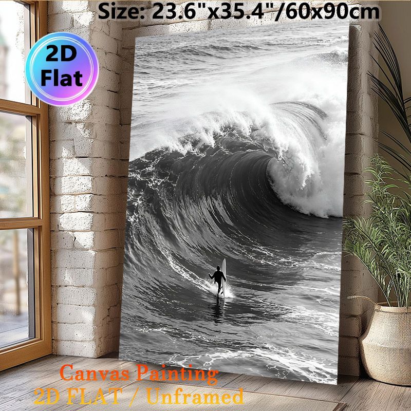 Surfing Themed Painting Poster, Monochrome Dynamic Ocean Wave & Surfer Poster, Captures Adventurous Ocean Energy, Ideal For Living Room, Bedroom And_maomaolike.com