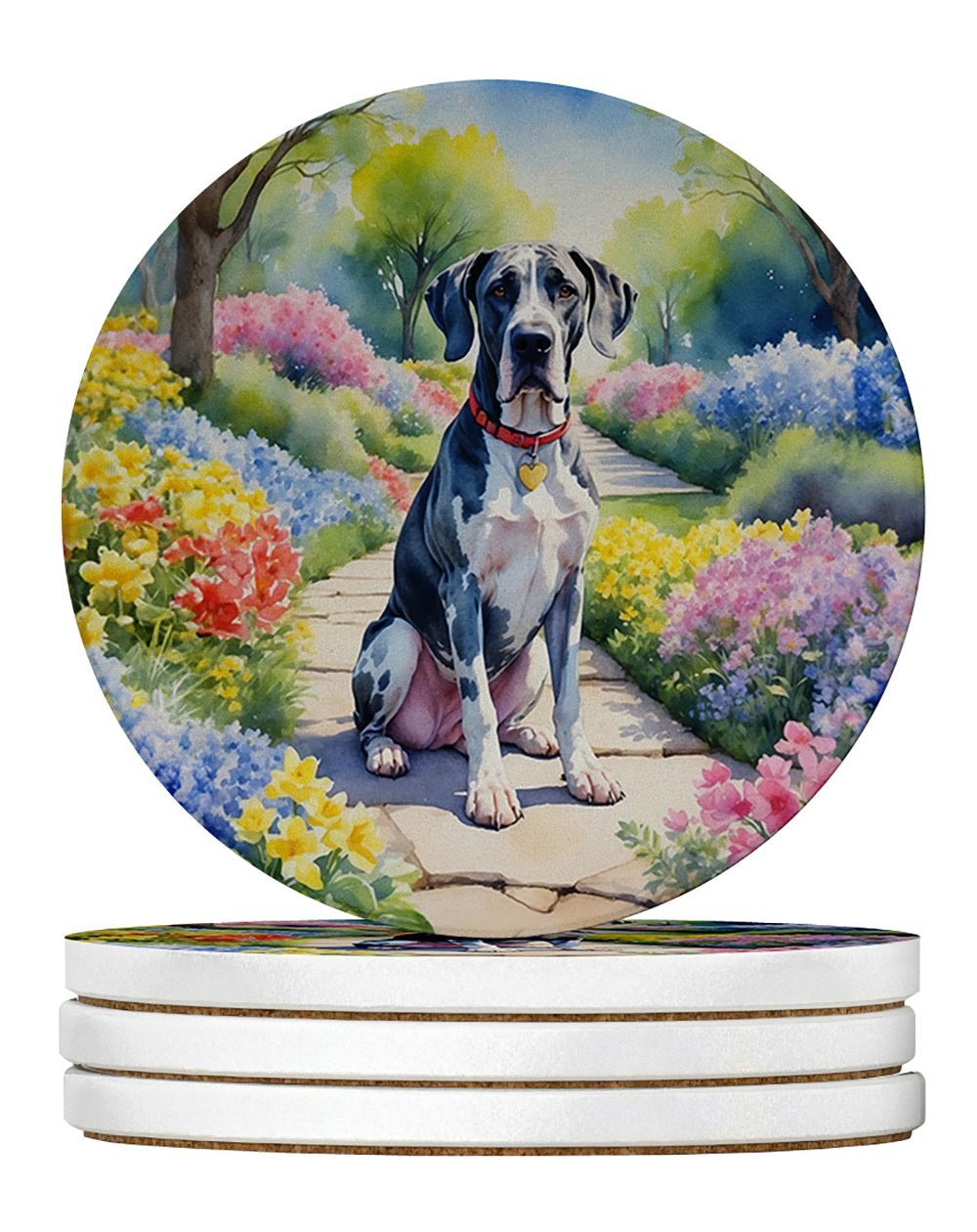 Great Dane Spring Path Large Sandstone Coasters Pack Of 4 Absorbent Round Coasters Decor Gifts For Men Or Women, 4 In, Multicolor_maomaolike.com