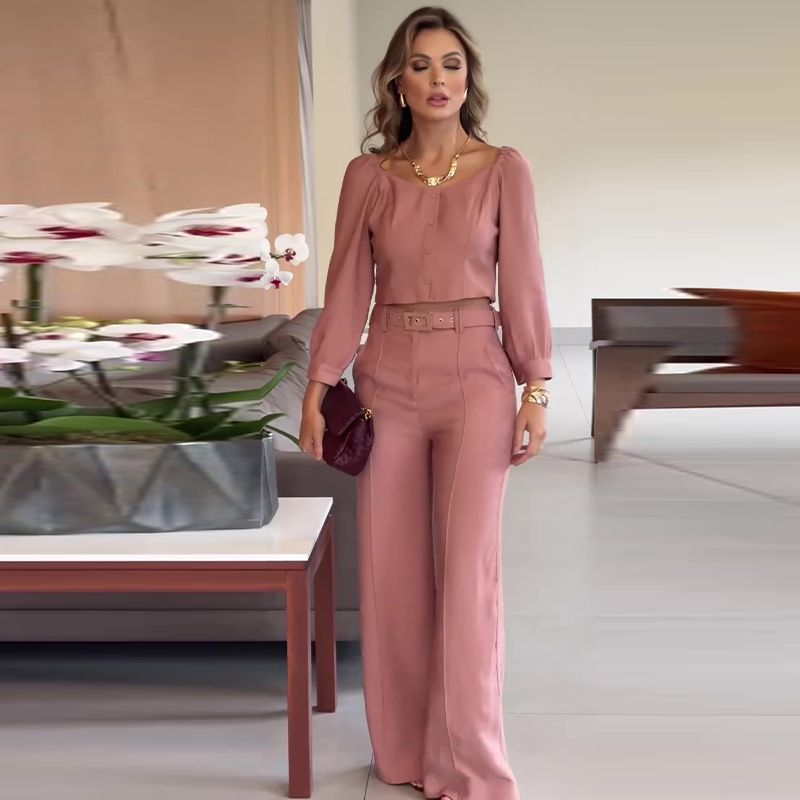 Women's Clothing summer new solid color retro square collar short top temperament commuter trousers suit_maomaolike.com