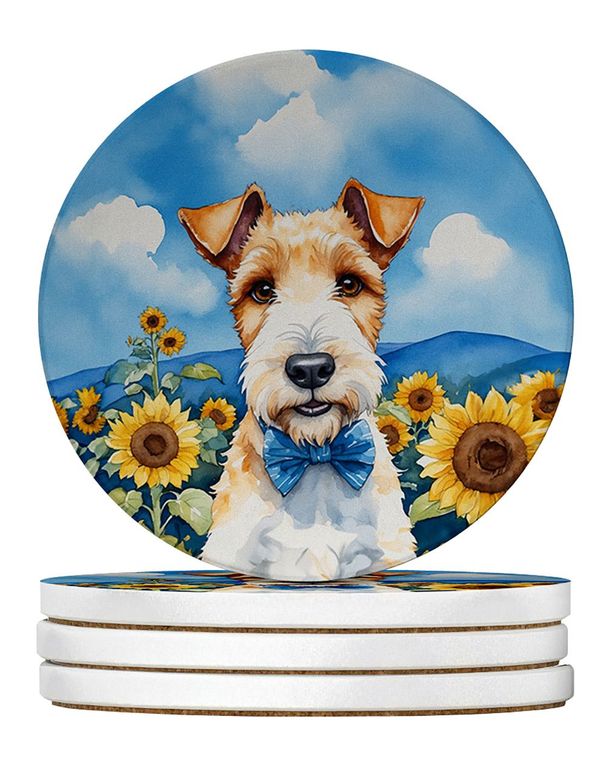 Fox Terrier In Sunflowers Large Sandstone Coasters Pack Of 4 Absorbent Round Coasters Decor Gifts For Men Or Women, 4 In, Multicolor_maomaolike.com