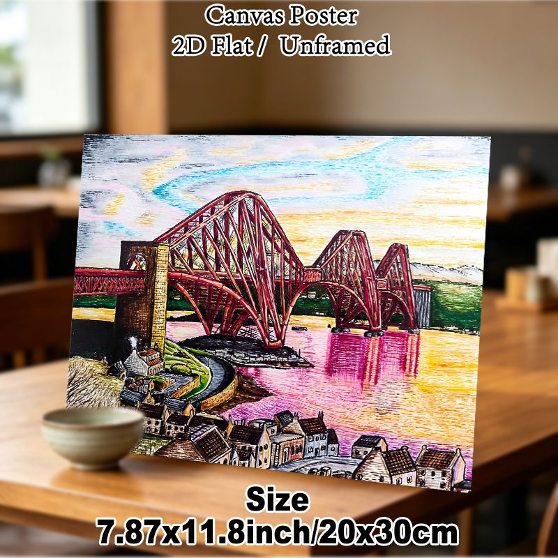 Red Steel Bridge Themed Painting Poster, Vibrant Hand-drawn Scenic Poster, Riverside Bridge With Sunset Reflection Artwork Suitable For Home And_maomaolike.com