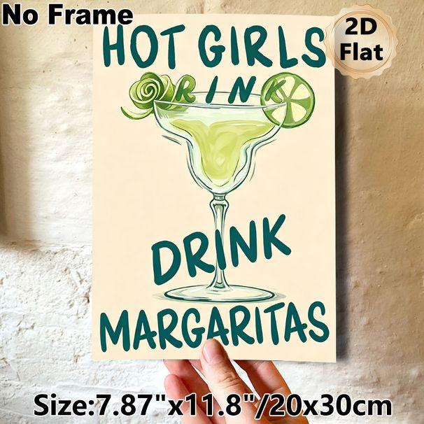 Margarita Cocktail Painting Poster, Playful Hand-drawn "Hot Girls Drink Margaritas" Cocktail Poster, Witty Drink-themed Decor Ideal For Bar, Kitchen_maomaolike.com