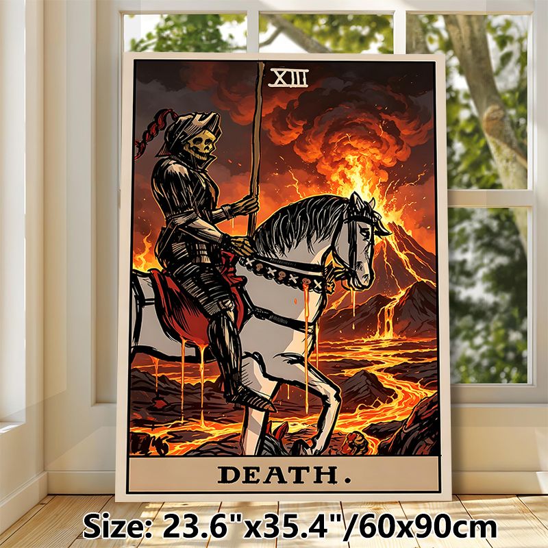 Death Tarot Card Painting Poster, Dark Gothic Dramatic Skeleton Knight On Horse With Erupting Volcano Poster, Mysterious Tarot-inspired Decor Ideal_maomaolike.com