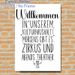German Welcome & Circus-Themed Painting Poster, Minimalist Black & White Hand-drawn Typography & Performer Graphic Poster, Warm Welcoming Decor_maomaolike.com