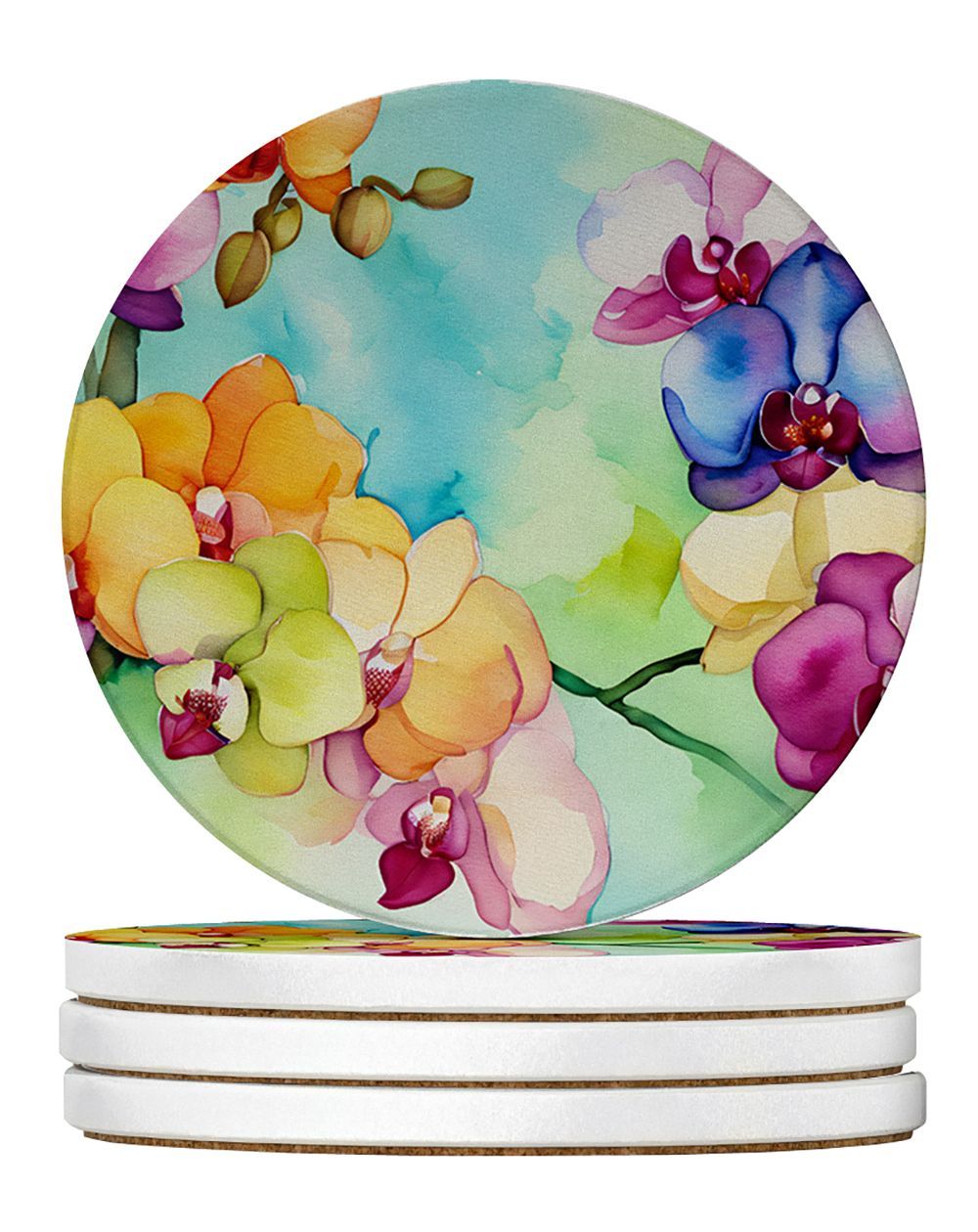 Orchids In Watercolor Large Sandstone Coasters Pack Of 4 Absorbent Round Coasters Decor Gifts For Men Or Women, 4 In, Multicolor_maomaolike.com