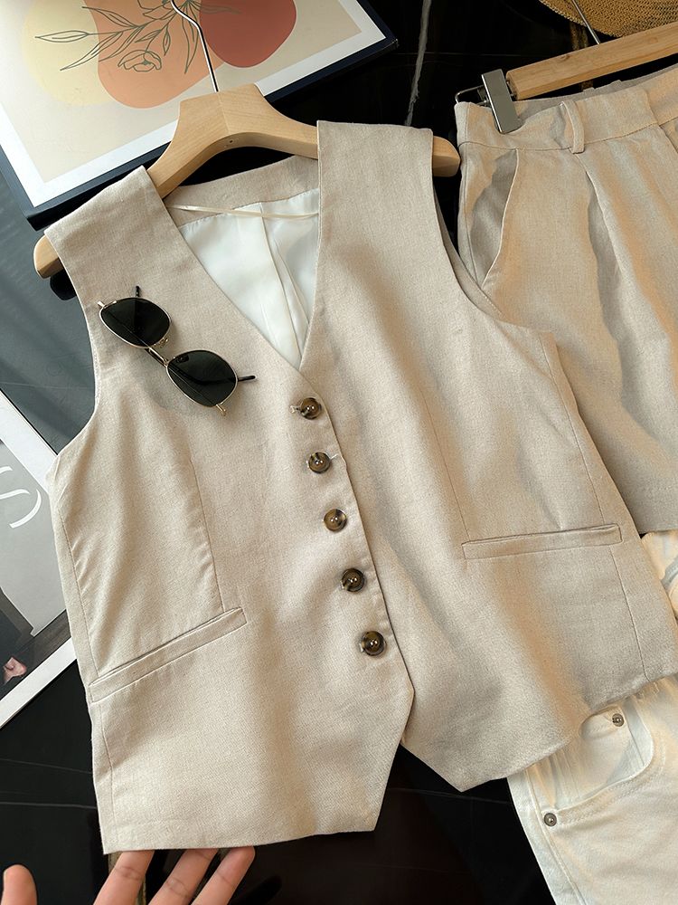 Women's Clothing Retro temperament V neck linen blended sleeveless vest vest high waist casual shorts _maomaolike.com