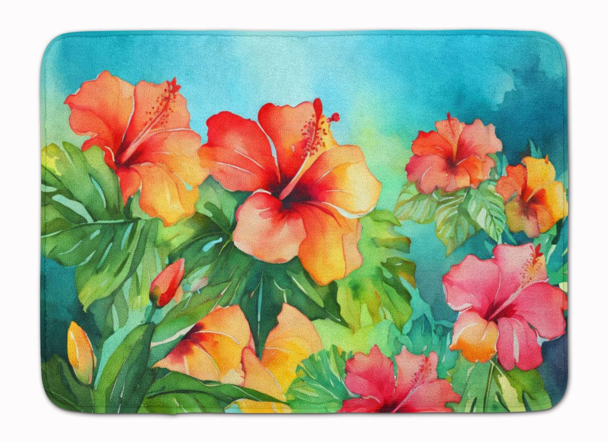 Hawaii Hawaiian Hibiscus In Watercolor Memory Foam Kitchen Mat Machine Washable Anti-Fatigue Mat Cushion Comfort Bath Mat Or Kitchen Rug_maomaolike.com