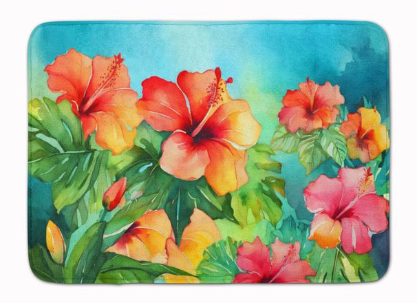 Hawaii Hawaiian Hibiscus In Watercolor Memory Foam Kitchen Mat Machine Washable Anti-Fatigue Mat Cushion Comfort Bath Mat Or Kitchen Rug_maomaolike.com
