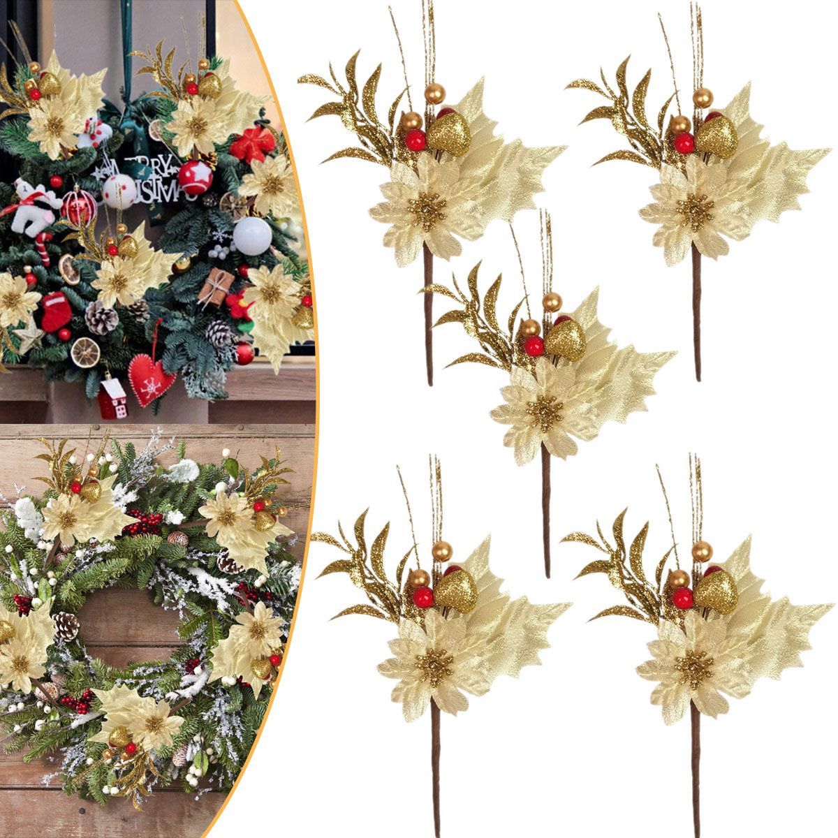 5PCS Artificial Berry Picks Branches Golden Christmas Flower Arrangement DIY Crafts Christmas Flower Wreath Tree Stems Pick Decor For Christmas Birthday Wedding Party Decoration Supplies_maomaolike.com