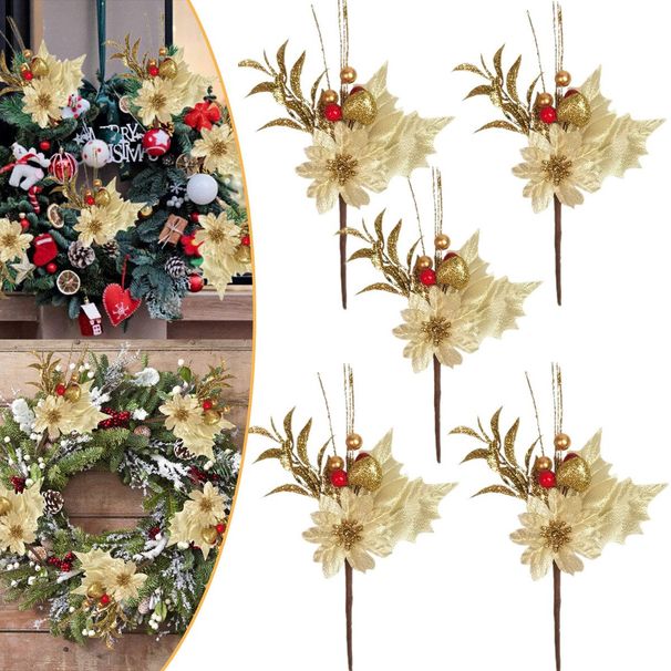 5PCS Artificial Berry Picks Branches Golden Christmas Flower Arrangement DIY Crafts Christmas Flower Wreath Tree Stems Pick Decor For Christmas Birthday Wedding Party Decoration Supplies_maomaolike.com