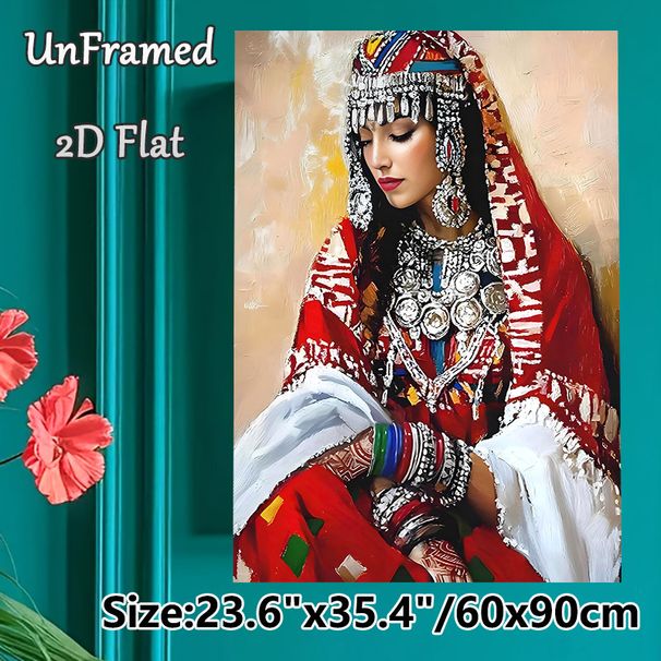 Ethnic Traditional Lady Painting Poster, Vibrant Textured Oil Painting Style Poster, Cultural Artistic Piece With Elaborate Traditional Jewelry_maomaolike.com