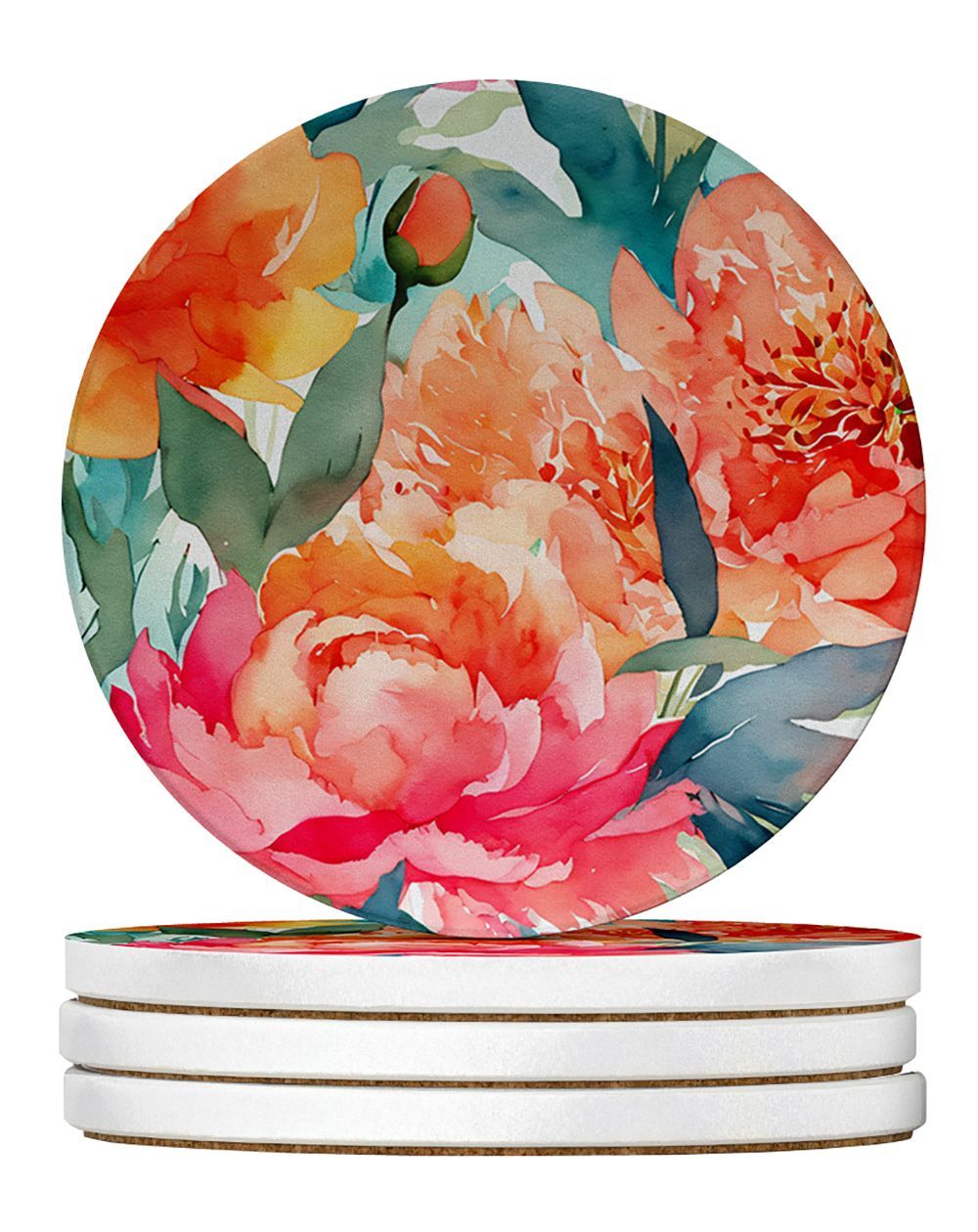 Peonies In Watercolor Large Sandstone Coasters Pack Of 4 Absorbent Round Coasters Decor Gifts For Men Or Women, 4 In, Multicolor_maomaolike.com