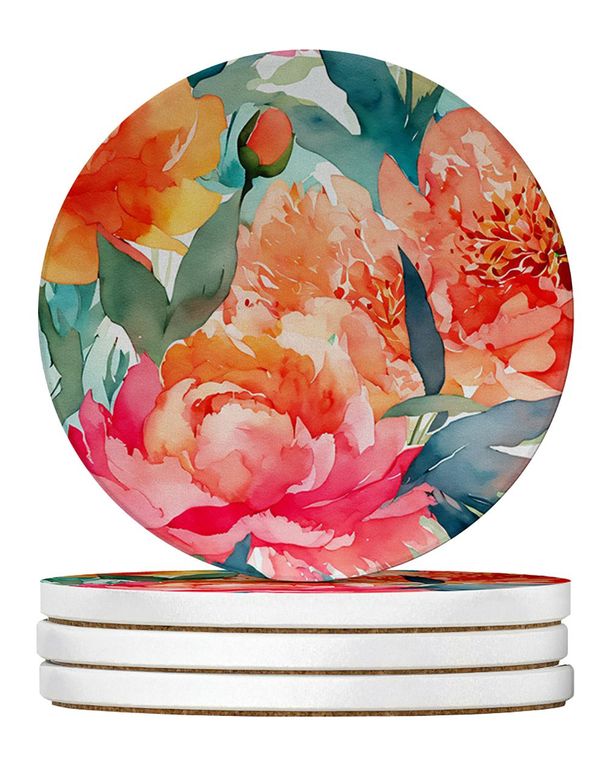 Peonies In Watercolor Large Sandstone Coasters Pack Of 4 Absorbent Round Coasters Decor Gifts For Men Or Women, 4 In, Multicolor_maomaolike.com