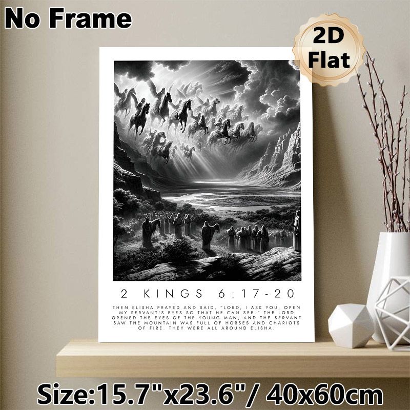 Biblical 2 Kings 6:17-20 Painting Poster, Dramatic Monochrome Religious Scene Poster, Inspirational Artwork Featuring Angelic Horses And Chariots_maomaolike.com