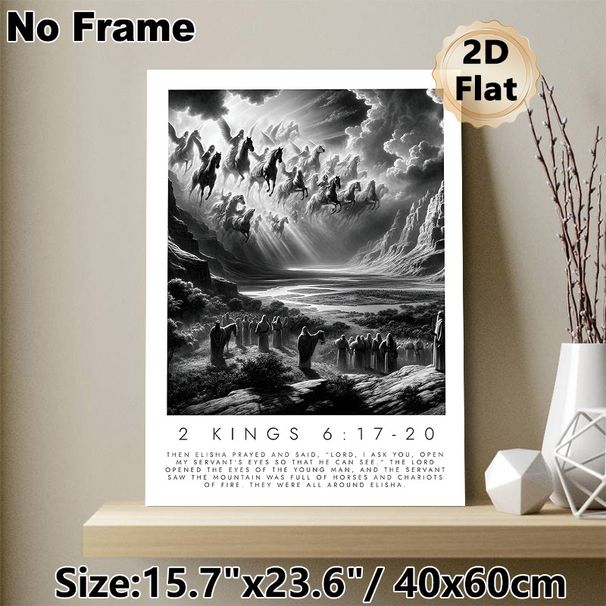 Biblical 2 Kings 6:17-20 Painting Poster, Dramatic Monochrome Religious Scene Poster, Inspirational Artwork Featuring Angelic Horses And Chariots_maomaolike.com