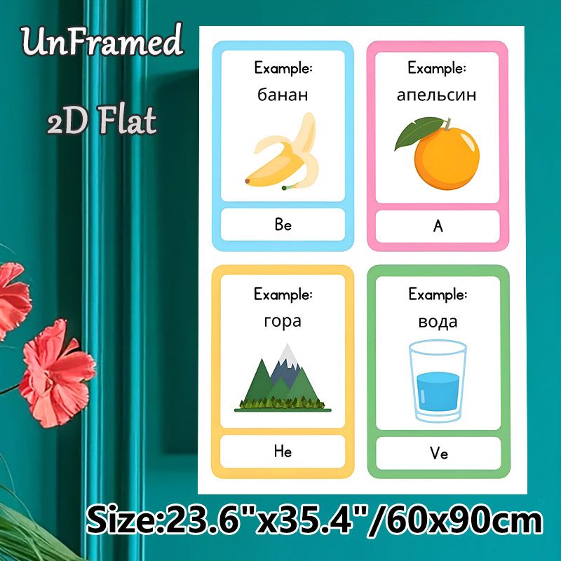 Russian Vocabulary Learning Painting Poster, Vibrant Cartoon-style Daily Items & Nature Scenes Poster, Aids Language Learning Ideal For Study Rooms_maomaolike.com