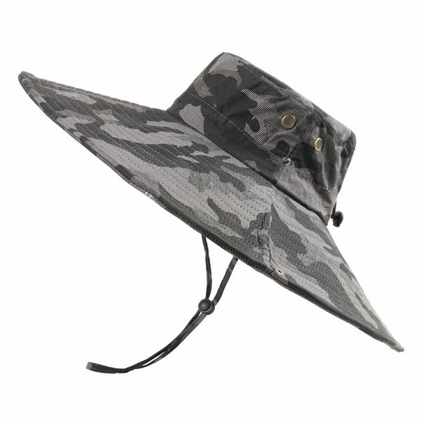 Hot Sale 100% Cotton Camouflage Bucket 16CM Large Wide Brim Sun Hat Camping Hiking Mesh Breathable Anti UV Fishing Hats for Men_maomaolike.com