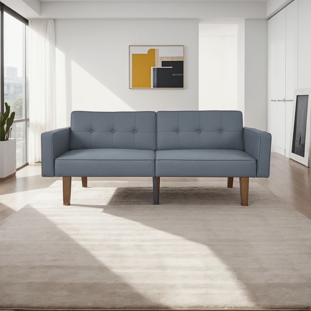 Mid-Century Modern PU Leather Matte Gray Sofa – 68'' Wide 3-Seater Tufted Couch With Wooden Legs For Small Spaces, Living Room & Office_maomaolike.com