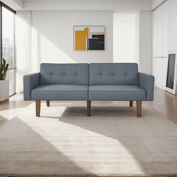 Mid-Century Modern PU Leather Matte Gray Sofa – 68'' Wide 3-Seater Tufted Couch With Wooden Legs For Small Spaces, Living Room & Office_maomaolike.com