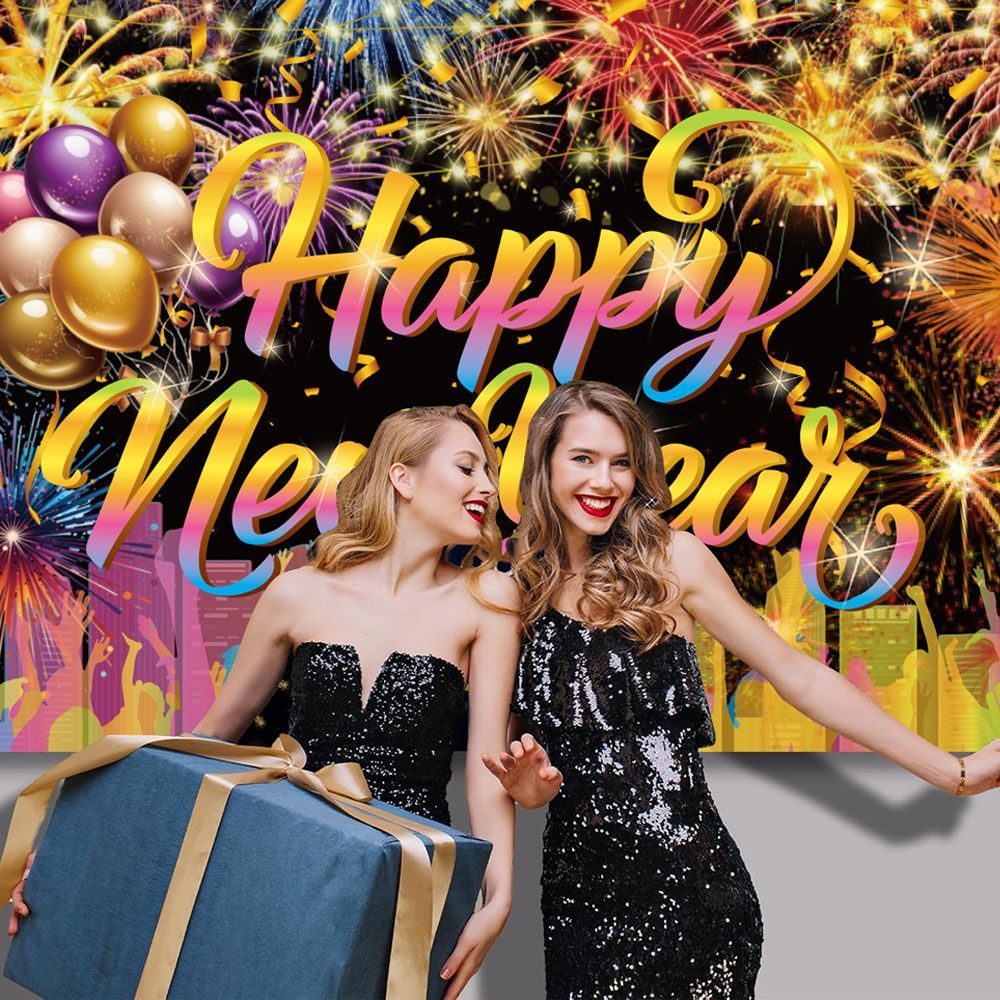 Happy New Year Background Cloth With 32 Inch Balloons Fireworks Designs New Year Backdrop Decor Holiday Photo Studio Props For 2025 New Year Party Photography Supplies_maomaolike.com