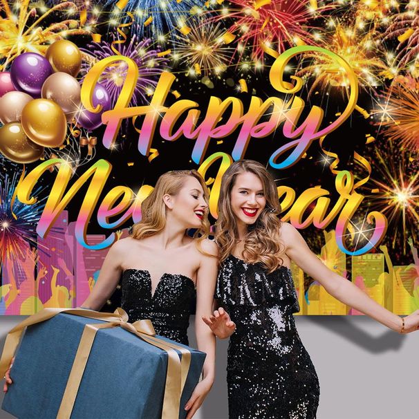 Happy New Year Background Cloth With 32 Inch Balloons Fireworks Designs New Year Backdrop Decor Holiday Photo Studio Props For 2025 New Year Party Photography Supplies_maomaolike.com
