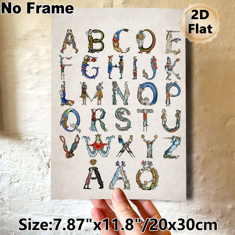 Medieval Alphabet Painting Poster, Vintage Illuminated Manuscript Style Poster, Each Letter Featuring Medieval Figures & Mythical Creatures_maomaolike.com