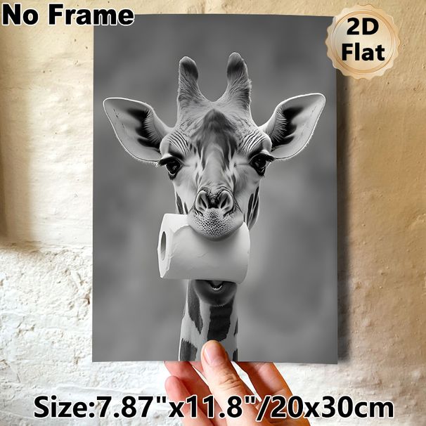 Funny Giraffe Painting Poster, Monochrome Whimsical Giraffe With Toilet Roll Poster, Playful Humorous Wall Decor Ideal For Bathroom, Living Room_maomaolike.com