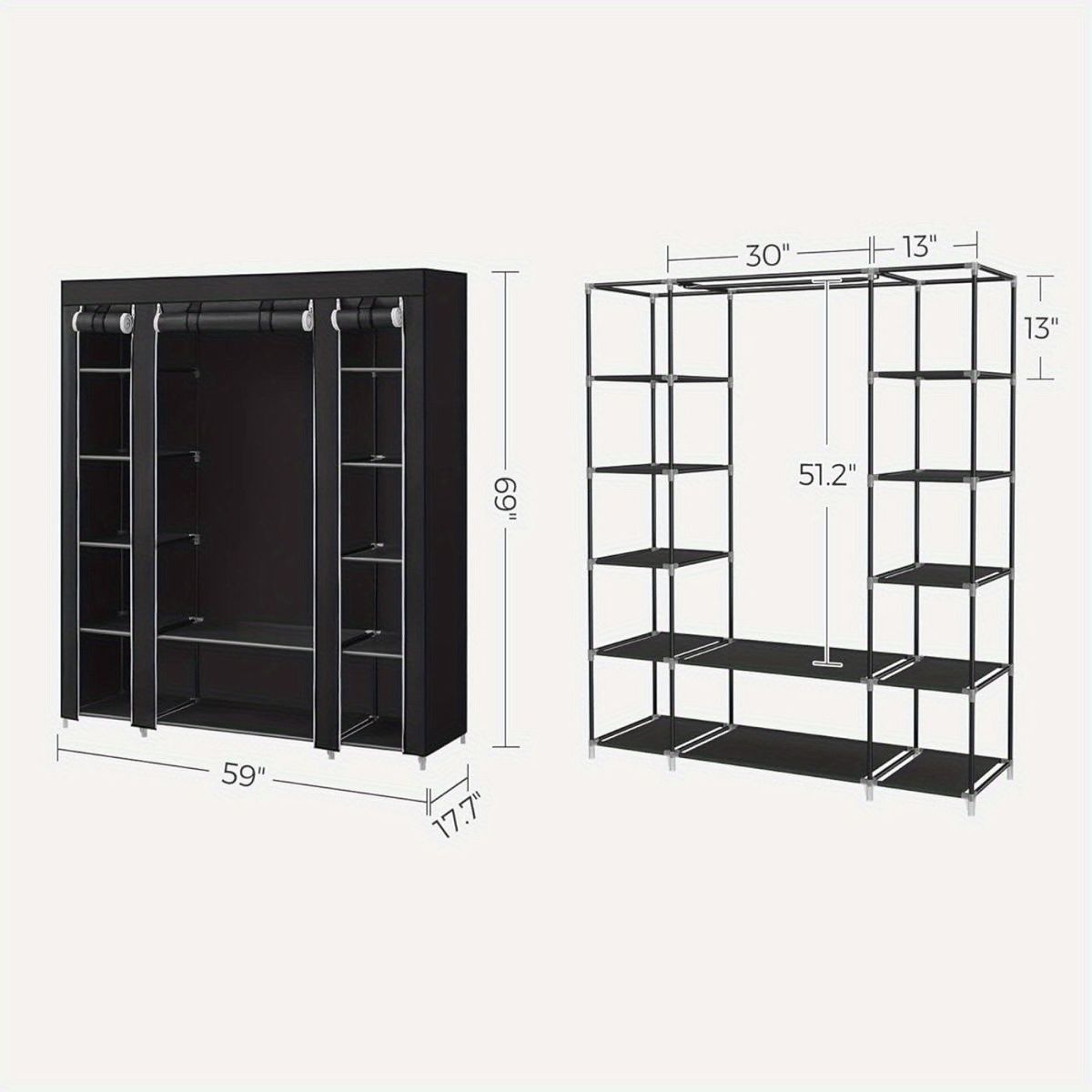 Portable Wardrobe Closet, Freestanding Clothes Rack With Non-Woven Dust Cover, 12 Compartments Storage Organizer, 59 X 17.7 X 69 Inches, Black, For Bedroom And Home Organization_maomaolike.com