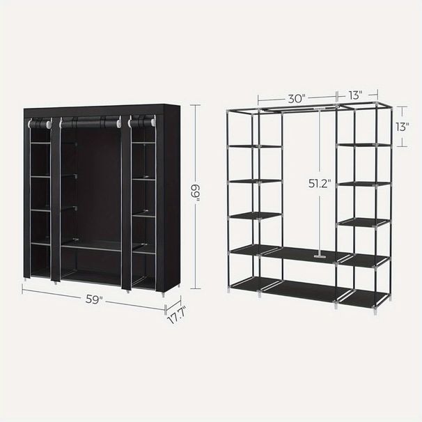 Portable Wardrobe Closet, Freestanding Clothes Rack With Non-Woven Dust Cover, 12 Compartments Storage Organizer, 59 X 17.7 X 69 Inches, Black, For Bedroom And Home Organization_maomaolike.com