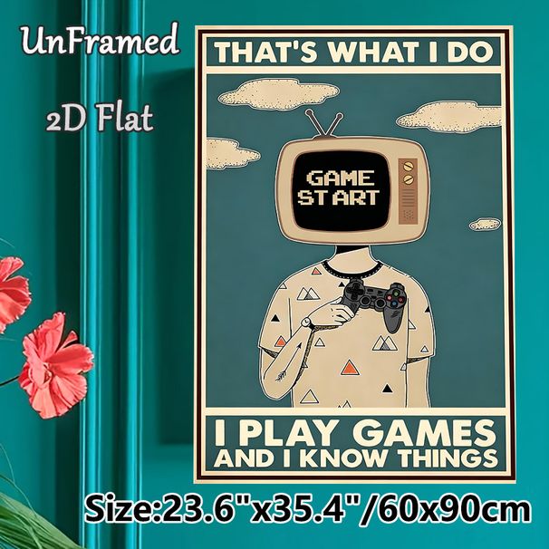 Gaming Themed Painting Poster, Vintage Retro TV-headed Gamer With Controller Poster, Playful Gaming-inspired Decor Ideal For Game Rooms, Living Spaces_maomaolike.com