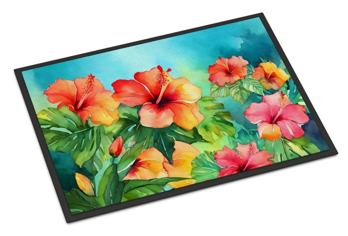 Hawaii Hawaiian Hibiscus In Watercolor Doormat Front Door Mat Indoor Outdoor Rugs For Entryway, Non Slip Washable Low Pile, 24H X 36W_maomaolike.com