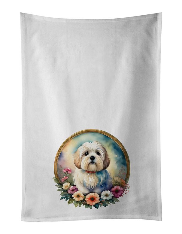 Coton De Tulear And Flowers Kitchen Towel Set Of 2 White Dish Towels Decorative Bathroom Hand Towel For Hand, Face, Hair, Yoga, Tea, Dishcloth, 19 X 28", White_maomaolike.com